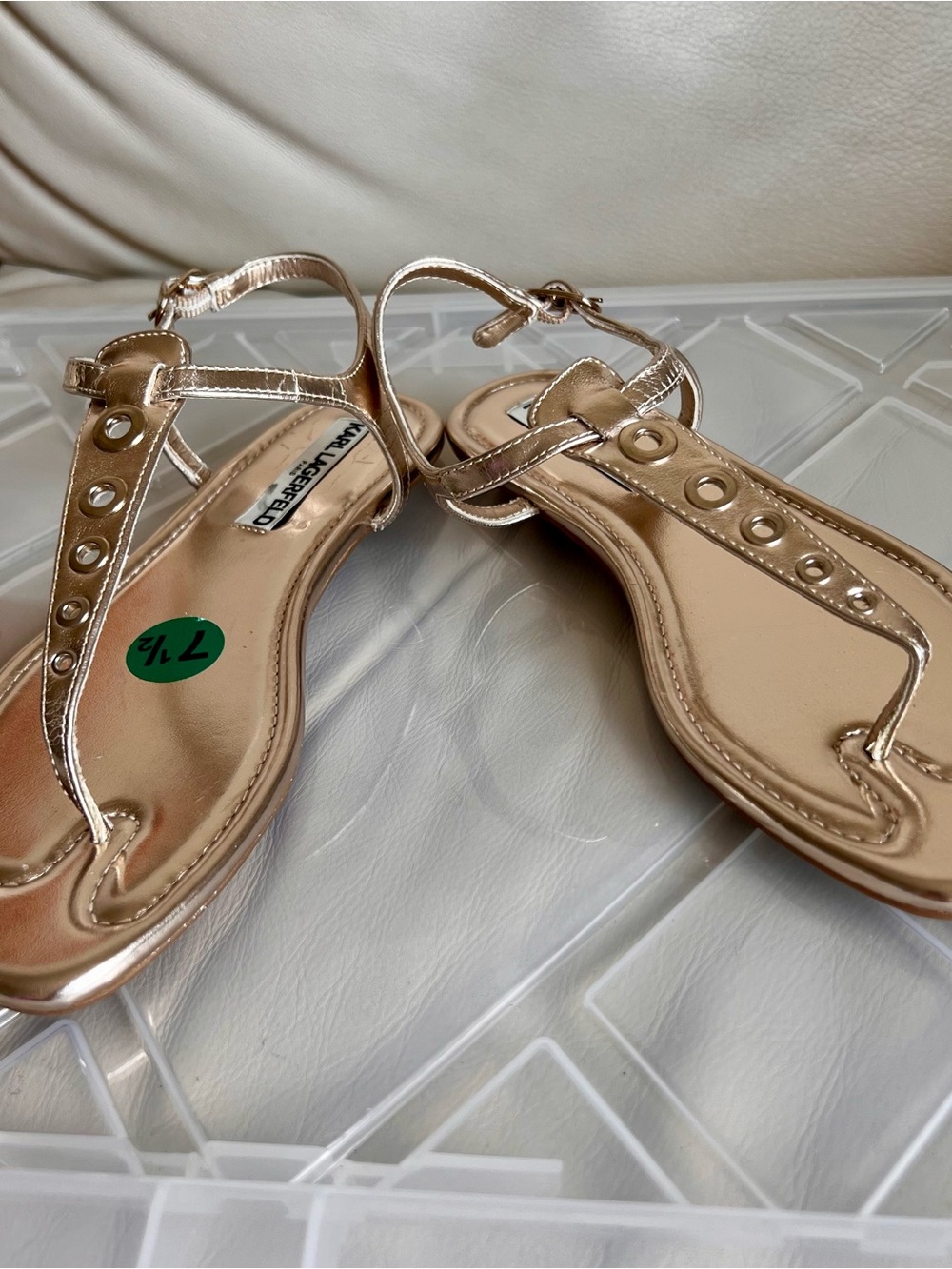 Karl Lagerfeld Gold T-Strap Sandals with Eyelet Detail Size 7.5 NEW